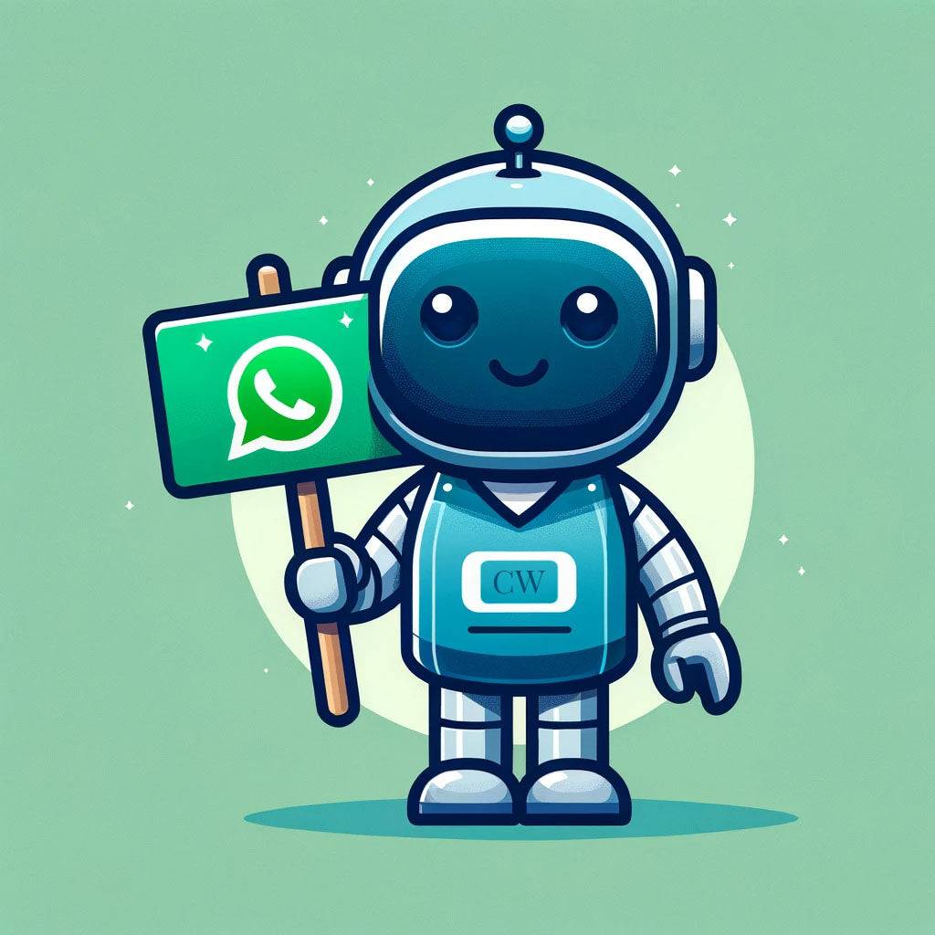 a cartoon bot character holding a sign with whatsapp on it
